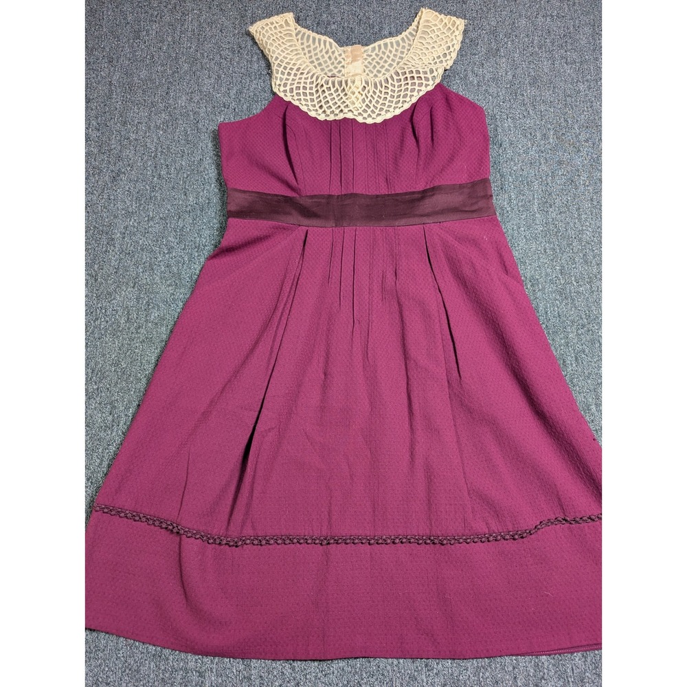 Anthropologie Plum Purple Cotton Crochet Neck Pocket Dress